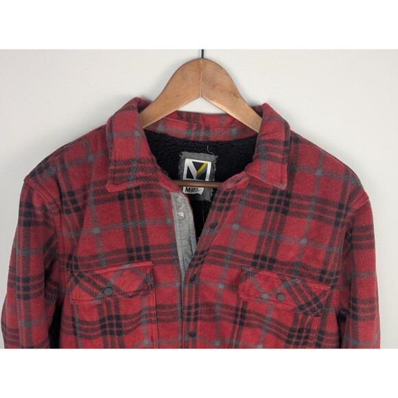 Voyager Jacket Men's Medium Red and Black Plaid Sherpa Fleece Snap Button Up - Picture 2 of 16